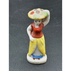 Vintage Japan‎ Ceramic Lady Figurine Basket Of Fruit On Head Hand Painted Dress